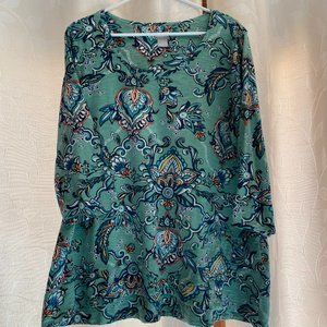 Chico's Green and Blue Floral Faux Wrap Tunic Top Size 3